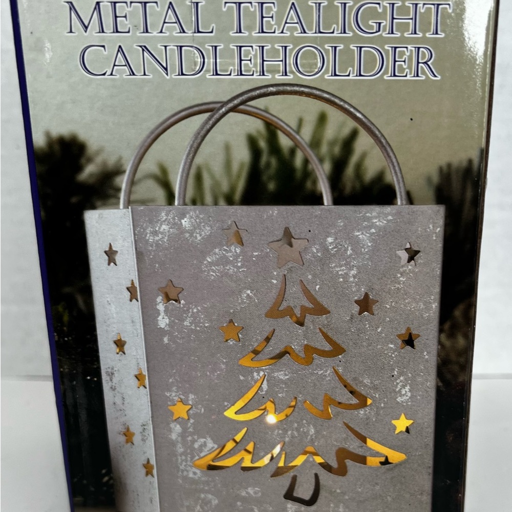NIB Silver Tone Metal Tealight Candleholder with Tree Design Christmas Decor